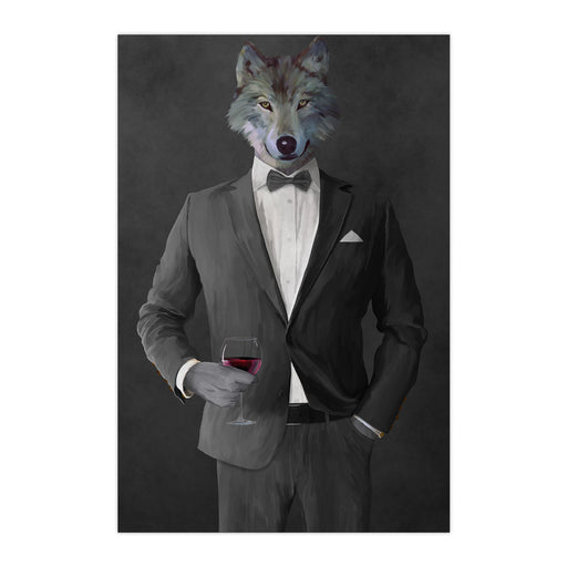 Wolf drinking red wine wearing gray suit large wall art print