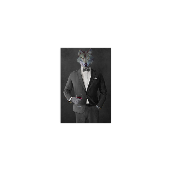 Wolf drinking red wine wearing gray suit small wall art print