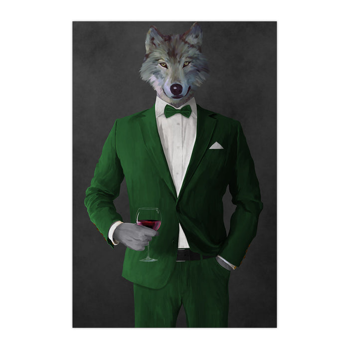 Wolf drinking red wine wearing green suit large wall art print