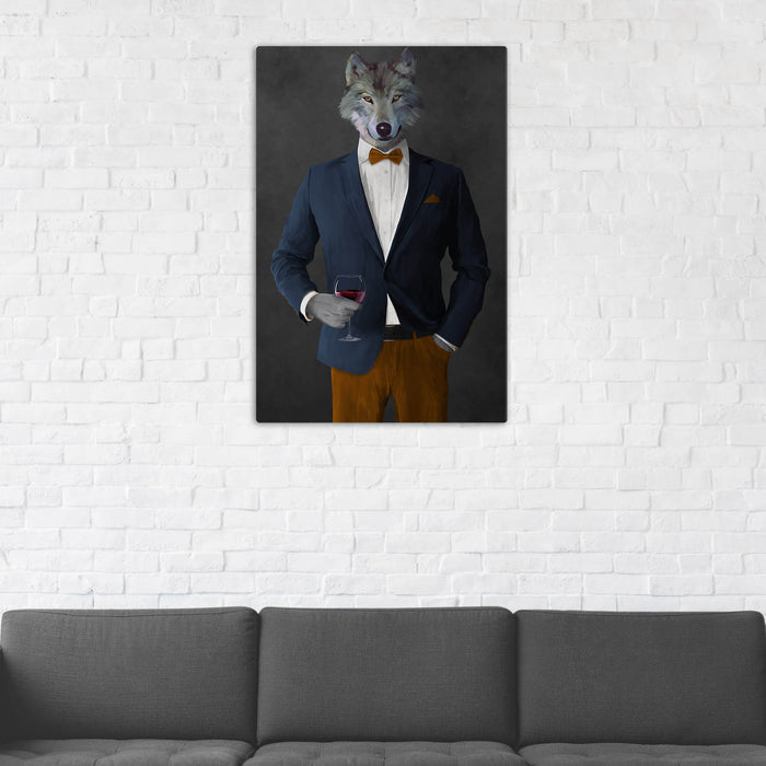 Wolf Drinking Red Wine Wall Art - Navy and Orange Suit