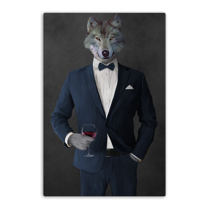 Wolf drinking red wine wearing navy suit canvas wall art