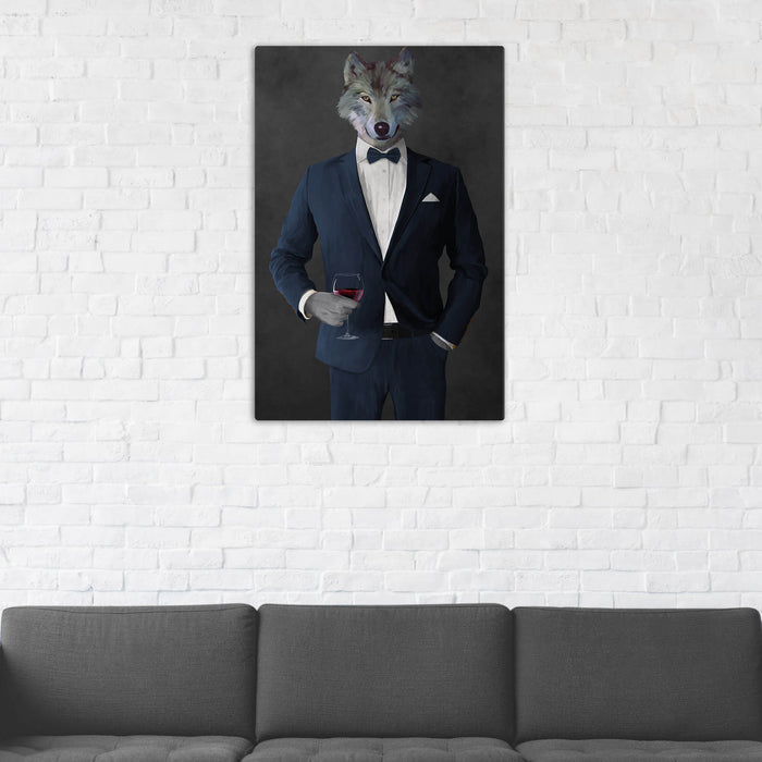 Wolf Drinking Red Wine Wall Art - Navy Suit