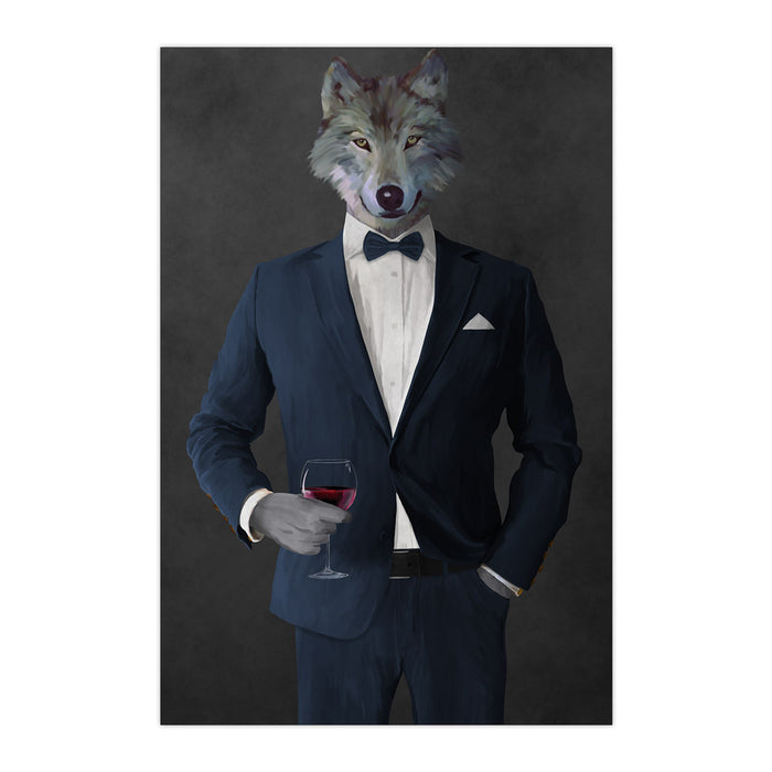Wolf drinking red wine wearing navy suit large wall art print