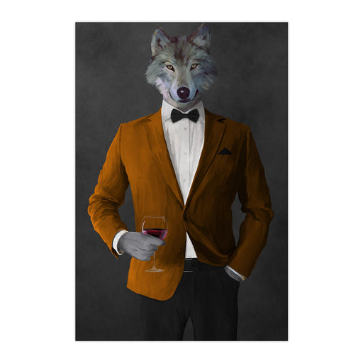 Wolf drinking red wine wearing orange and black suit large wall art print