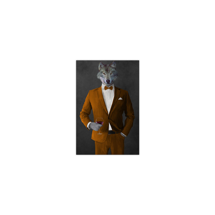 Wolf drinking red wine wearing orange suit small wall art print