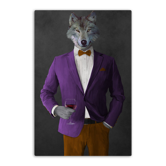 Wolf drinking red wine wearing purple and orange suit canvas wall art