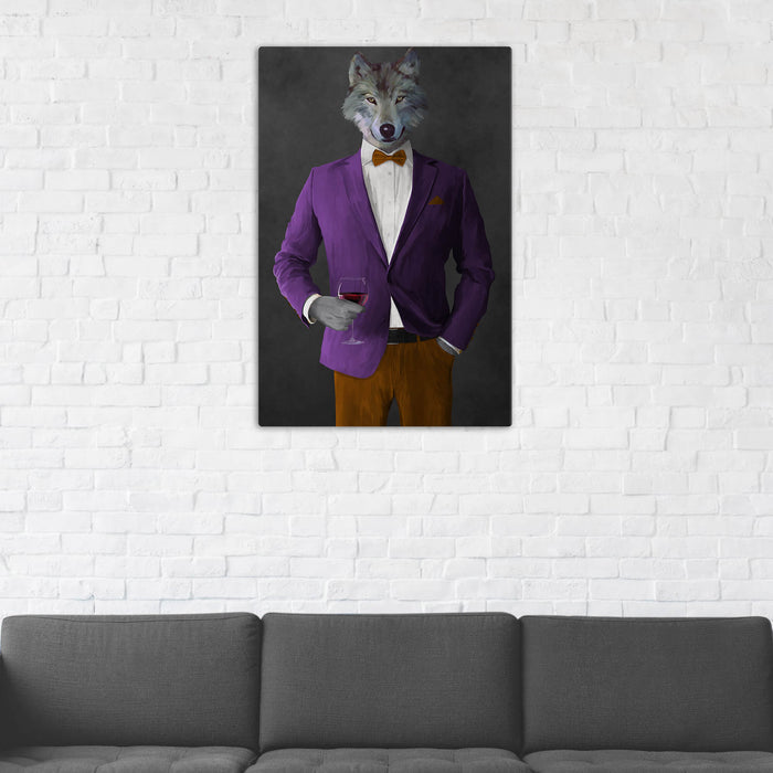 Wolf Drinking Red Wine Wall Art - Purple and Orange Suit