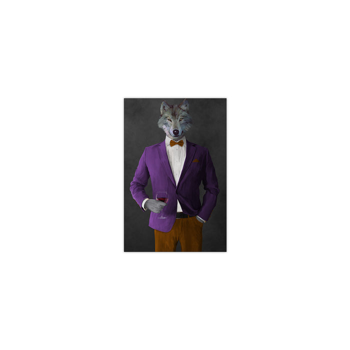 Wolf drinking red wine wearing purple and orange suit small wall art print