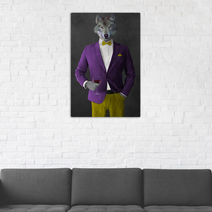 Wolf Drinking Red Wine Wall Art - Purple and Yellow Suit