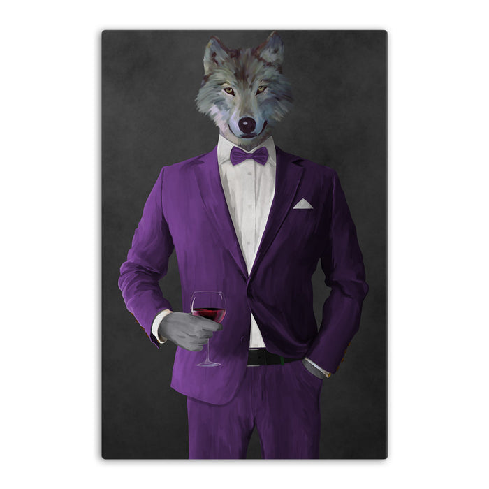 Wolf drinking red wine wearing purple suit canvas wall art