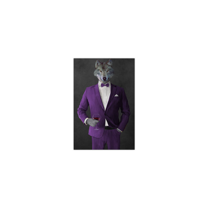 Wolf drinking red wine wearing purple suit small wall art print