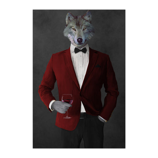 Wolf drinking red wine wearing red and black suit large wall art print