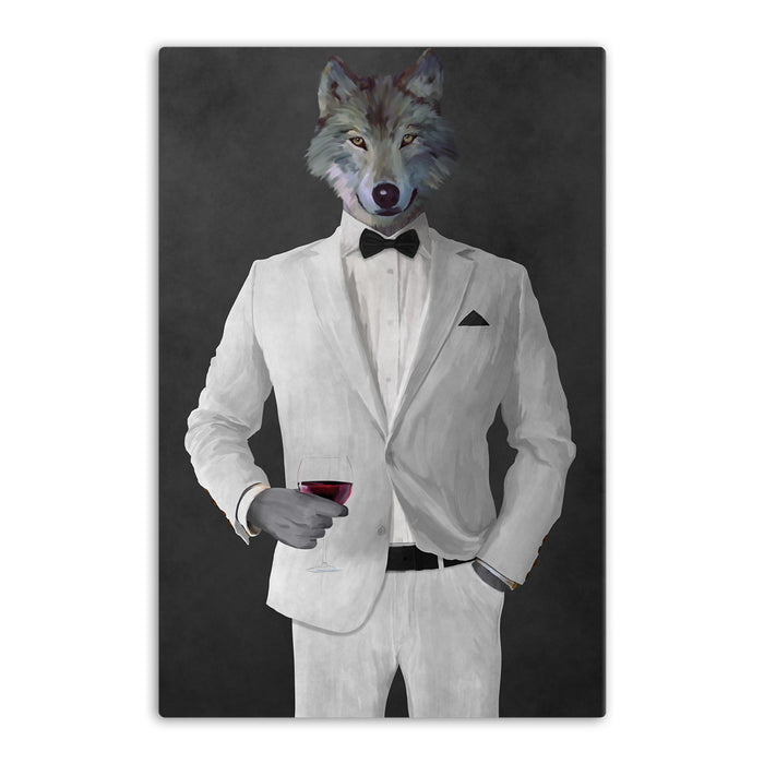Wolf drinking red wine wearing white suit canvas wall art