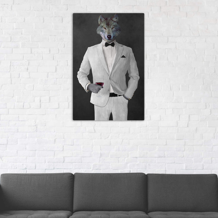 Wolf Drinking Red Wine Wall Art - White Suit