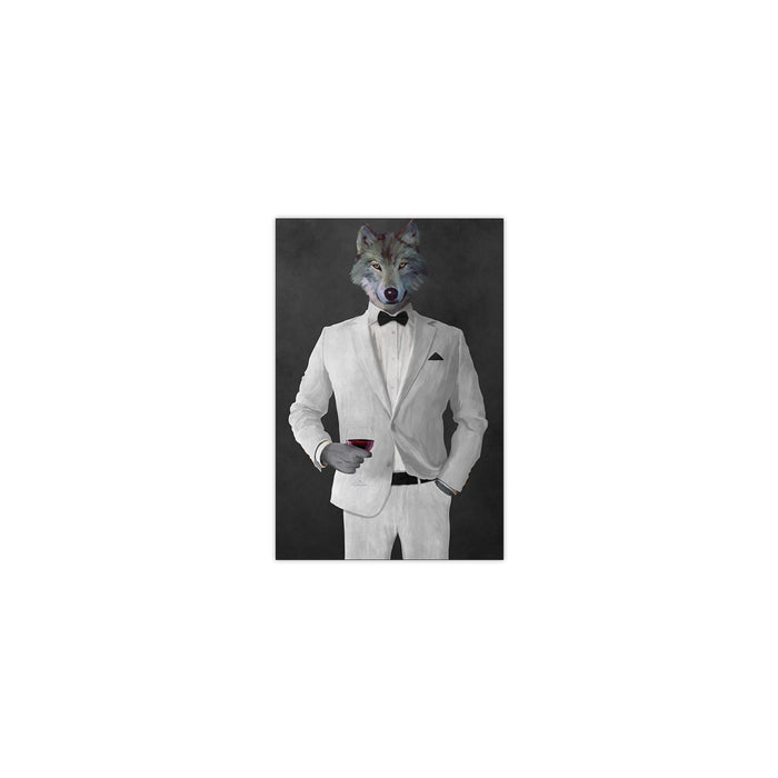 Wolf drinking red wine wearing white suit small wall art print