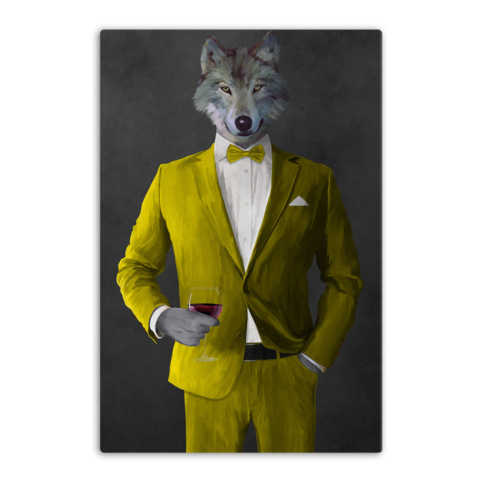 Wolf drinking red wine wearing yellow suit canvas wall art