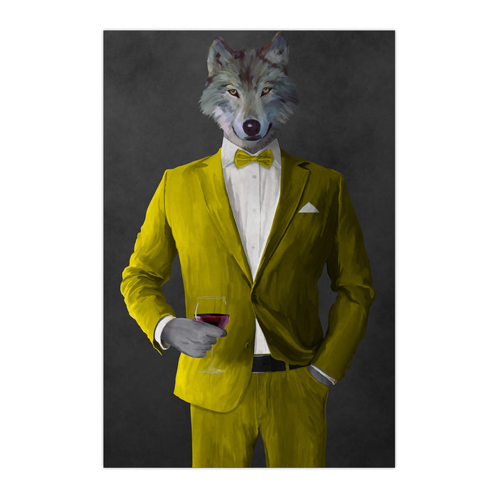 Wolf drinking red wine wearing yellow suit large wall art print
