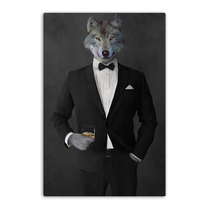Wolf drinking whiskey wearing black suit canvas wall art