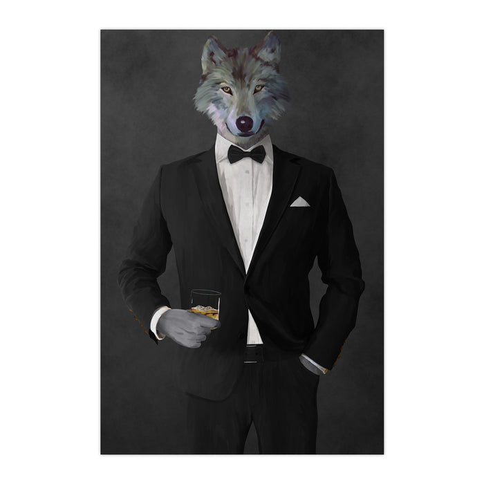 Wolf drinking whiskey wearing black suit large wall art print