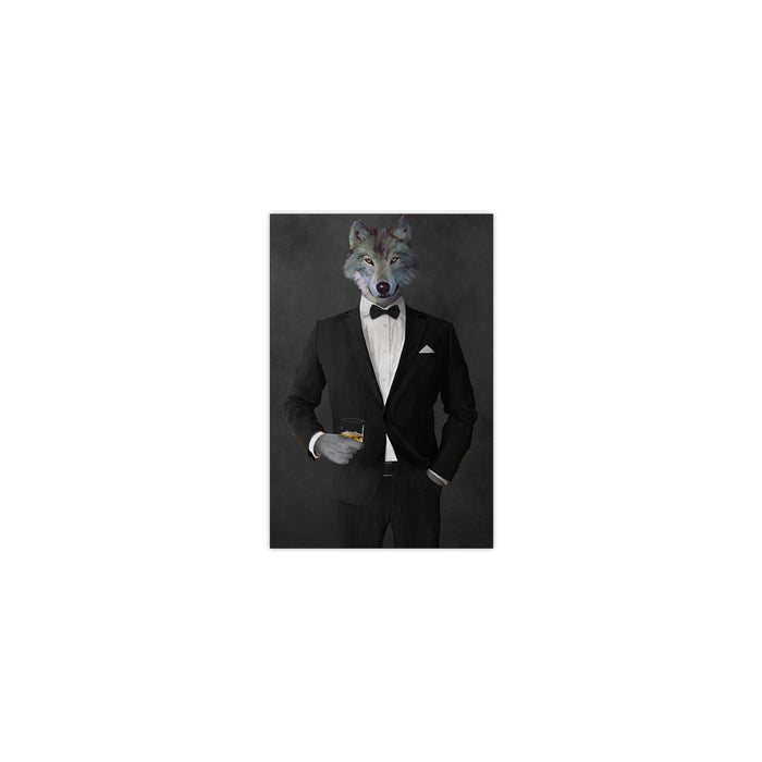 Wolf drinking whiskey wearing black suit small wall art print
