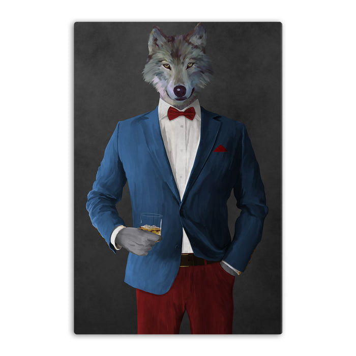 Wolf drinking whiskey wearing blue and red suit canvas wall art