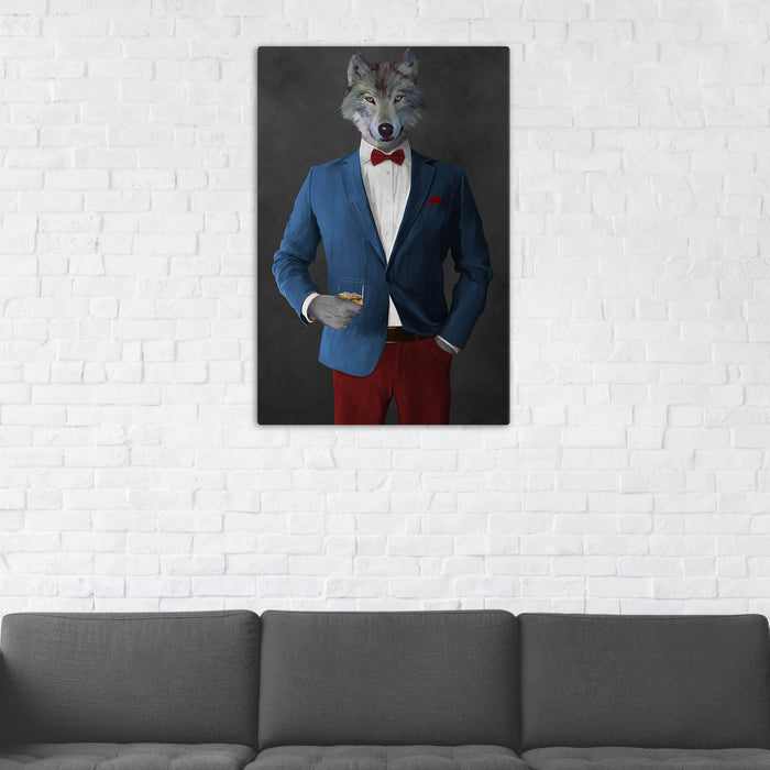 Wolf Drinking Whiskey Wall Art - Blue and Red Suit