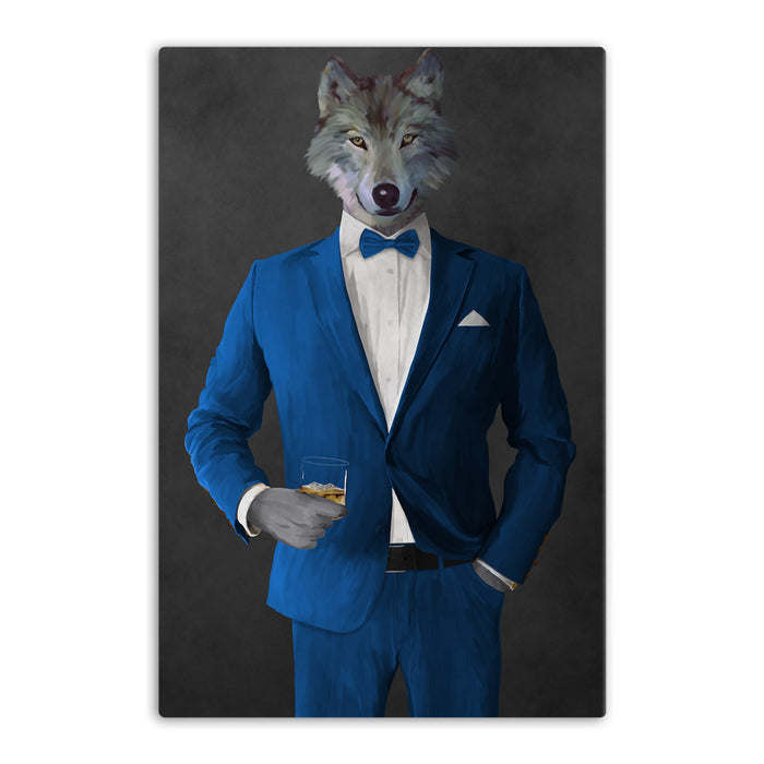 Wolf drinking whiskey wearing blue suit canvas wall art
