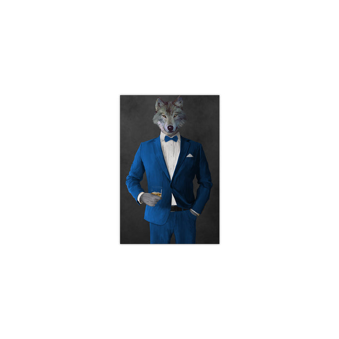 Wolf drinking whiskey wearing blue suit small wall art print