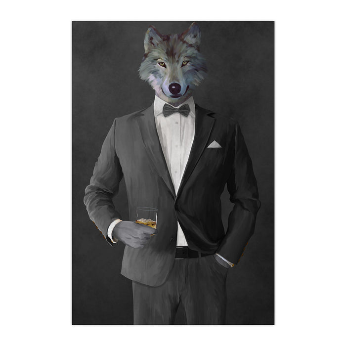 Wolf drinking whiskey wearing gray suit large wall art print