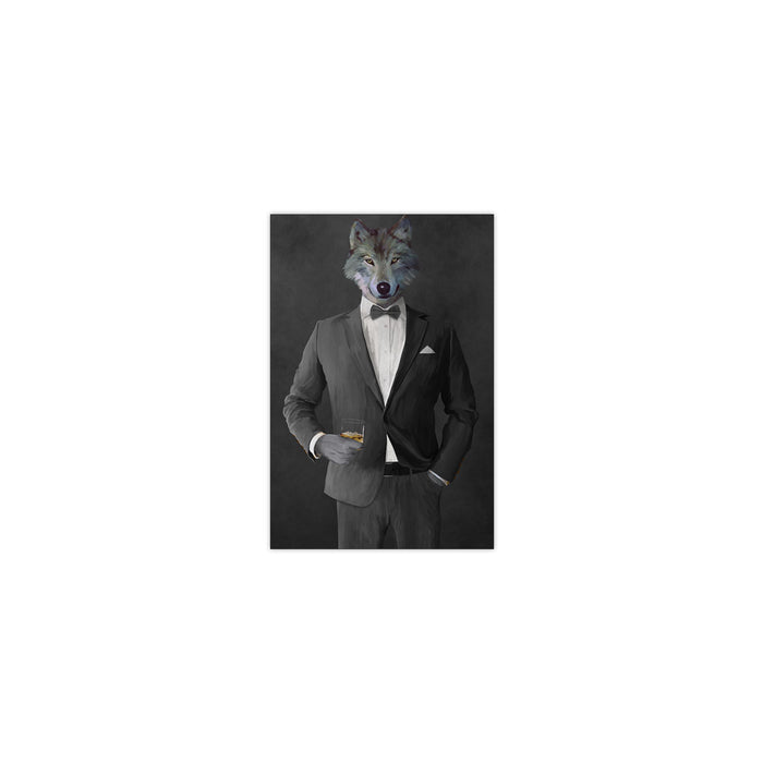 Wolf drinking whiskey wearing gray suit small wall art print
