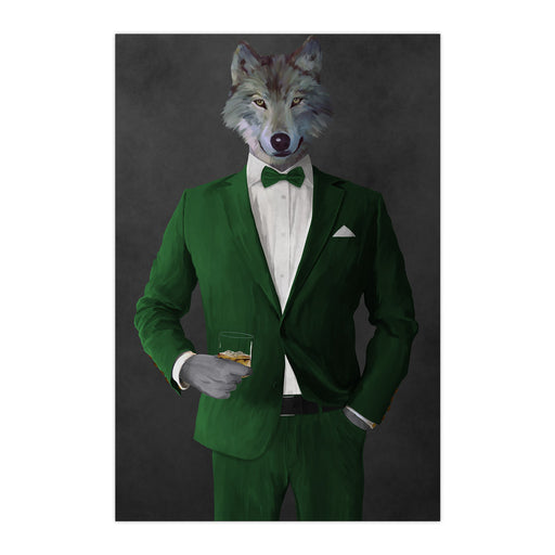 Wolf drinking whiskey wearing green suit large wall art print