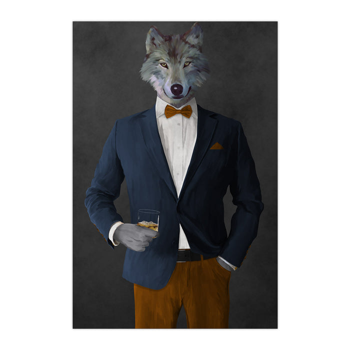 Wolf drinking whiskey wearing navy and orange suit large wall art print