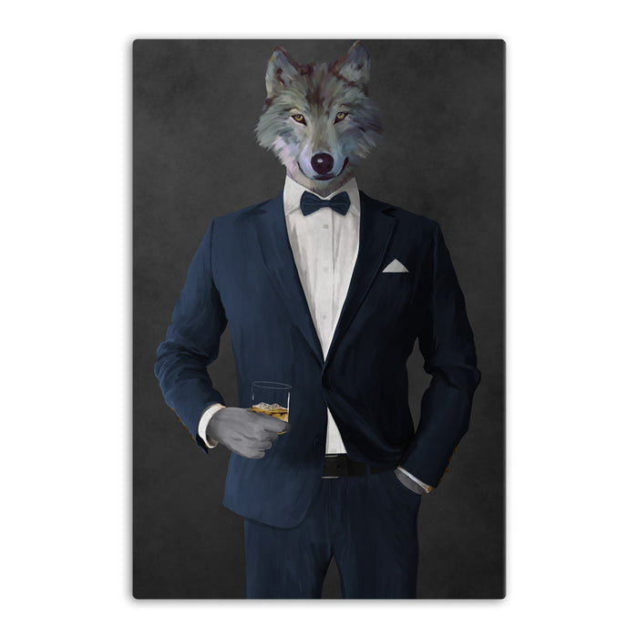 Wolf drinking whiskey wearing navy suit canvas wall art