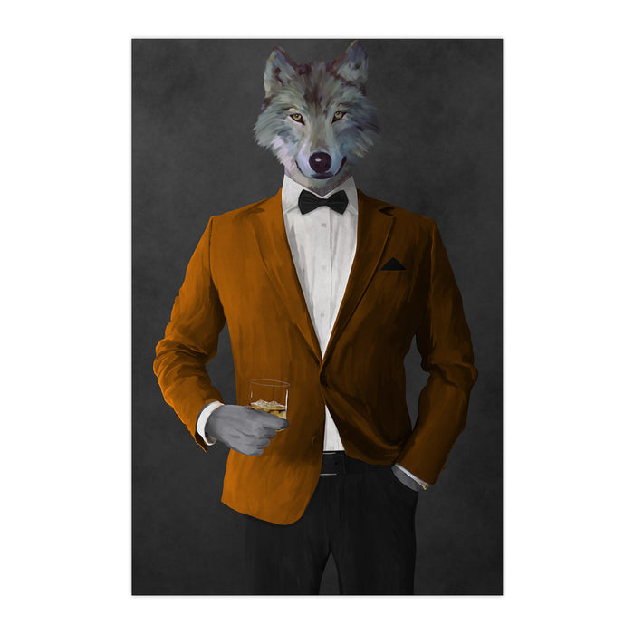 Wolf drinking whiskey wearing orange and black suit large wall art print