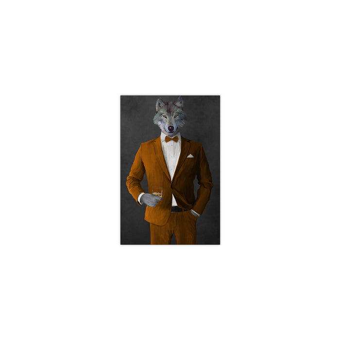 Wolf drinking whiskey wearing orange suit small wall art print