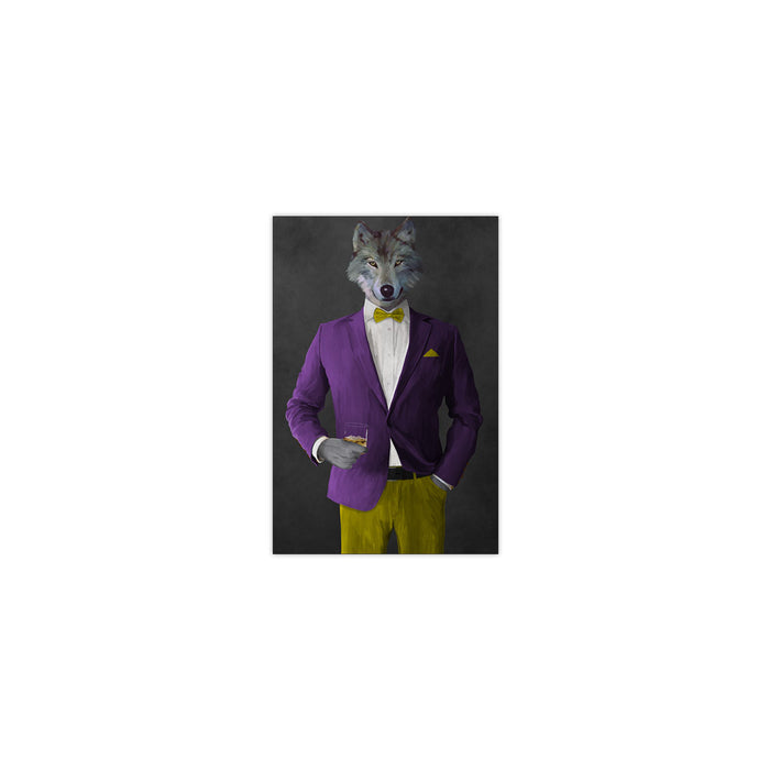 Wolf drinking whiskey wearing purple and yellow suit small wall art print