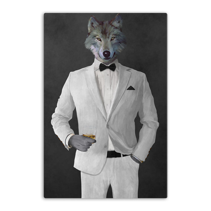 Wolf drinking whiskey wearing white suit canvas wall art