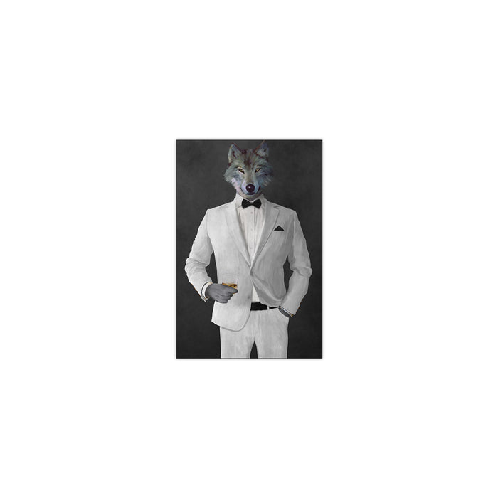 Wolf drinking whiskey wearing white suit small wall art print