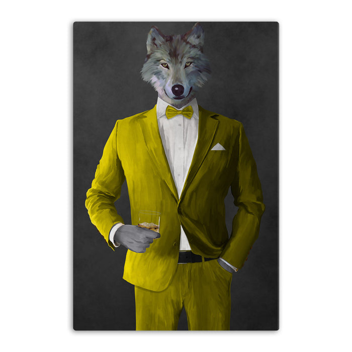Wolf drinking whiskey wearing yellow suit canvas wall art