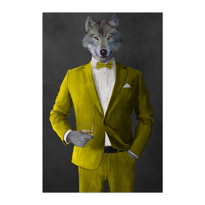 Wolf drinking whiskey wearing yellow suit large wall art print