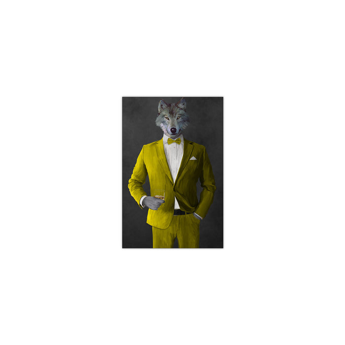 Wolf drinking whiskey wearing yellow suit small wall art print