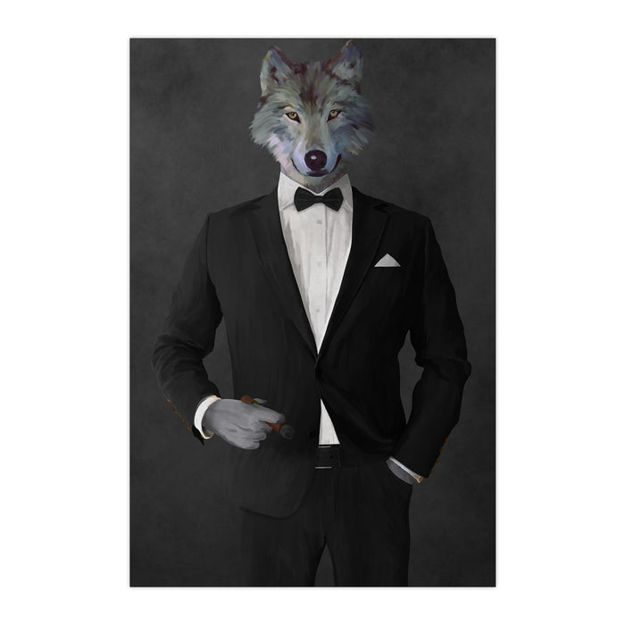 Wolf smoking cigar wearing black suit large wall art print