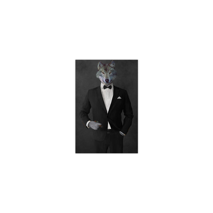 Wolf smoking cigar wearing black suit small wall art print