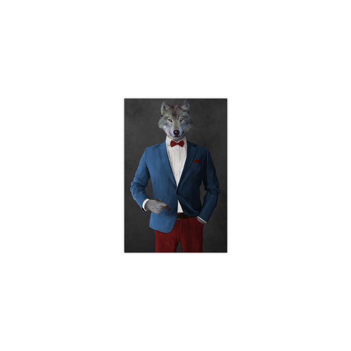 Wolf smoking cigar wearing blue and red suit small wall art print
