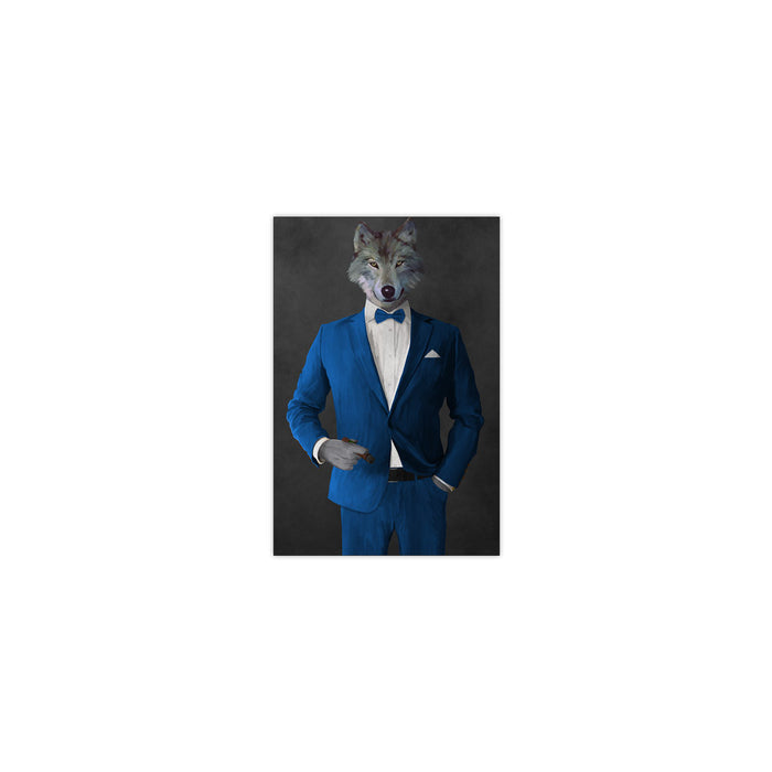 Wolf smoking cigar wearing blue suit small wall art print