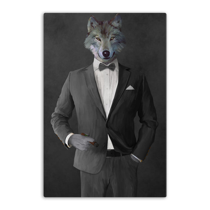 Wolf smoking cigar wearing gray suit canvas wall art
