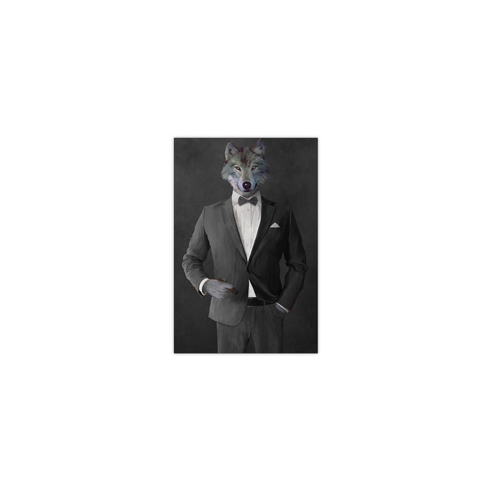 Wolf smoking cigar wearing gray suit small wall art print