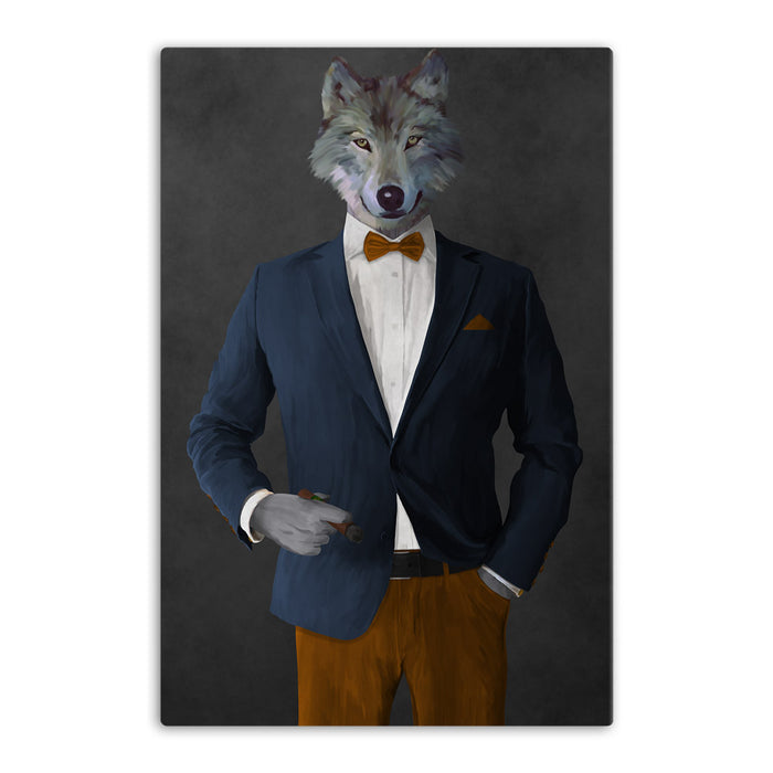 Wolf smoking cigar wearing navy and orange suit canvas wall art