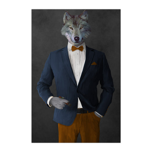 Wolf smoking cigar wearing navy and orange suit large wall art print