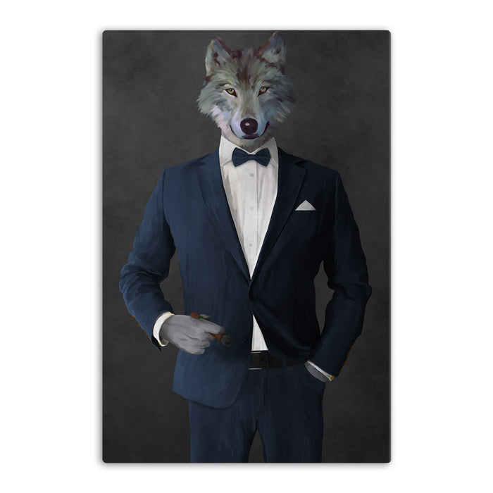 Wolf smoking cigar wearing navy suit canvas wall art